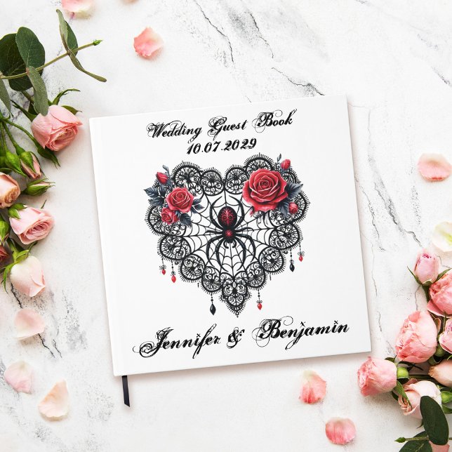 Romantic Gothic Wedding Guest Book With Spider Web (White wedding guest book with dark romance lace spider web and roses - gothic stylle)