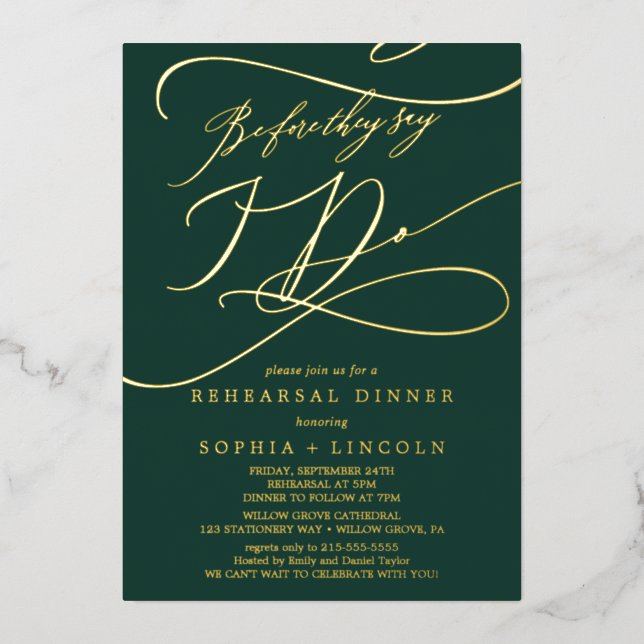 Romantic Green and Gold Foil Before I Do Rehearsal (Front)