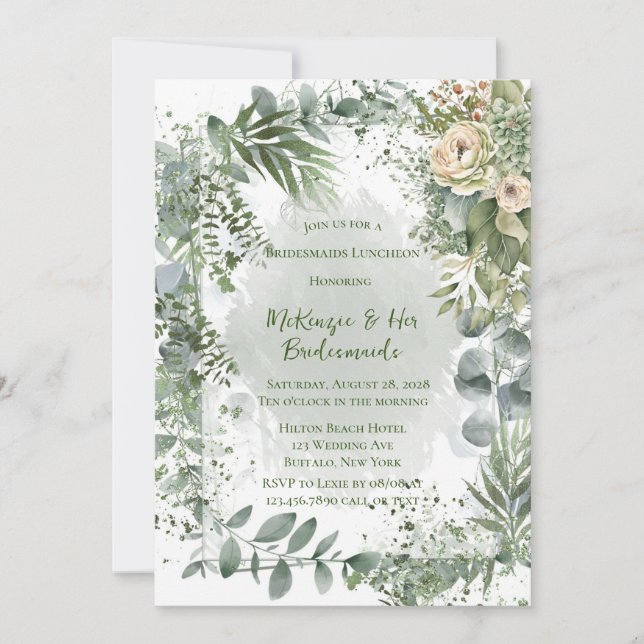 Romantic Green Beige Peony Bridesmaids Luncheon Invitation (Front)