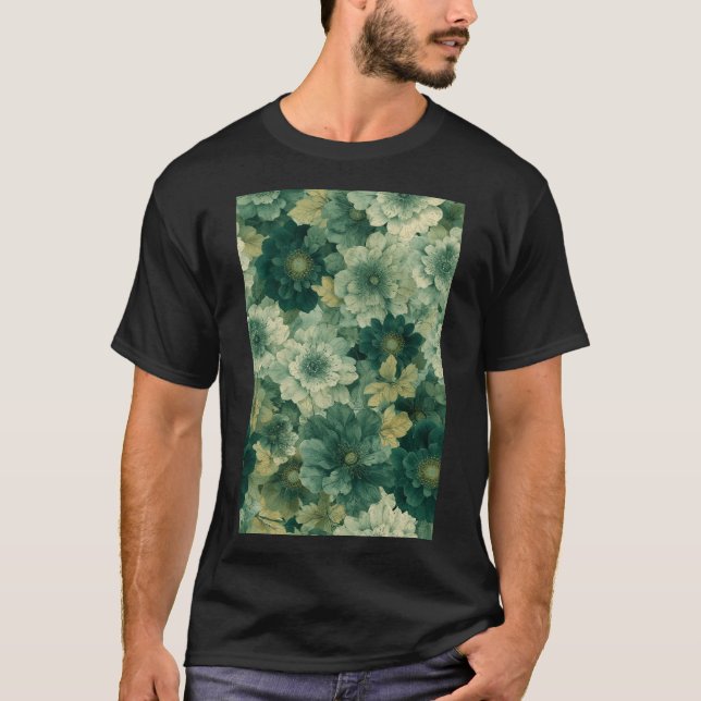 Romantic Green Botanical Bloom Pattern T-Shirt (Front)