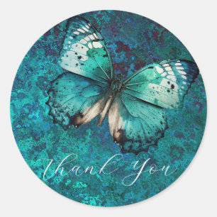 Romantic green butterfly thank you  classic round sticker