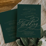 Romantic Green Calligraphy Details on Back Wedding Invitation<br><div class="desc">This romantic green calligraphy details on back wedding invitation card is perfect for a simple wedding. The modern classic design features fancy swirls and whimsical flourishes with gorgeous elegant hand lettered faux champagne gold foil typography. Save paper by including the details on the back of the wedding invitation instead of...</div>
