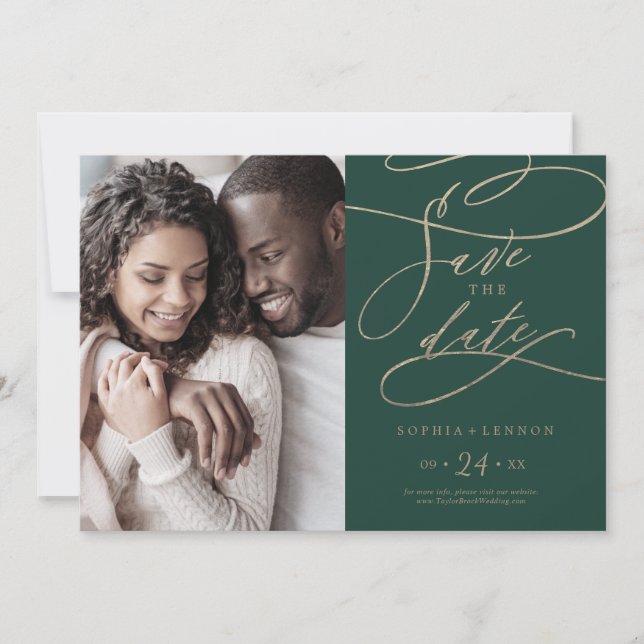 Romantic Green Calligraphy Photo Save The Date (Front)