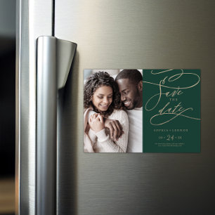 Romantic Green Calligraphy Photo Save the Date Magnetic Invitation