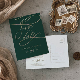 Romantic Green Calligraphy Save the Date Postcard