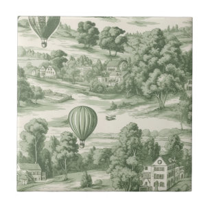 Romantic Green Countryside Toile Balloon Pattern Tile