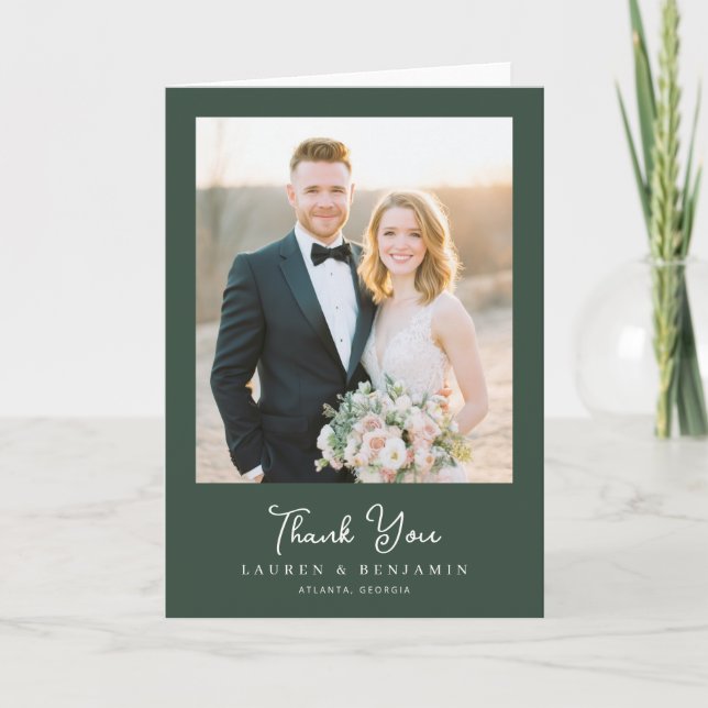 Romantic Green Elegant Photo Thank You Card (Front)