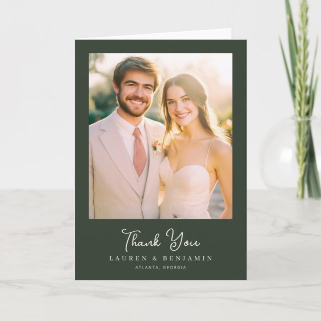 Romantic Green Elegant Photo Thank You Card (Front)