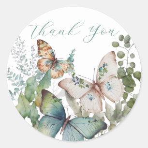 Romantic green flowers and butterfly thank you  classic round sticker