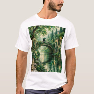Romantic Green Garden Stone Bridge Couple Oil Pain T-Shirt