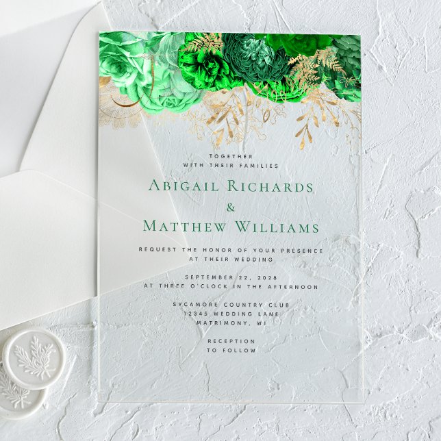 Romantic Green Gold Floral Wedding Acrylic Invitations (Creator Uploaded)