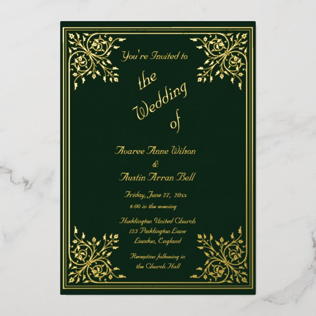 Romantic Green Gold Foil Frame and Text Wedding (Front)
