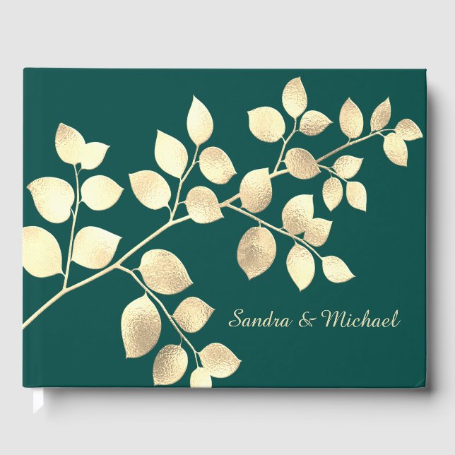 Romantic green golden leaves wedding guest book (Front)