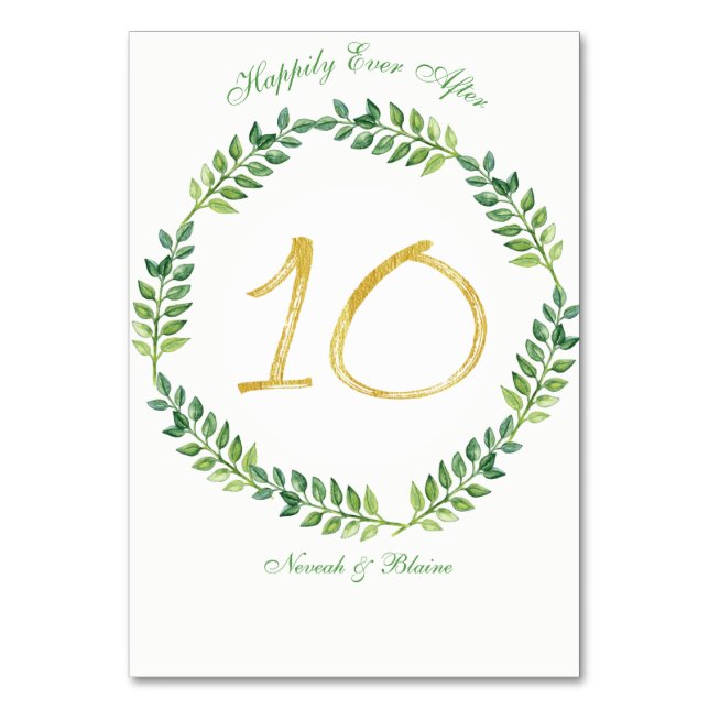 Romantic Green Leaves -  Wedding table card10 ring Number (Front)