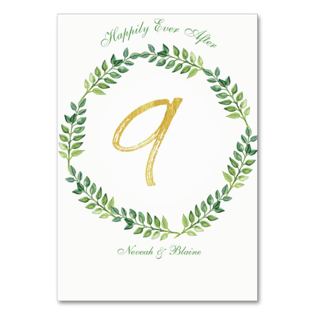 Romantic Green Leaves -  Wedding table card 9 ring (Front)