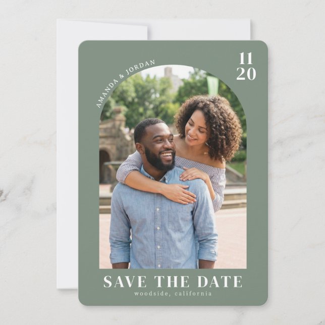 Romantic Green Minimalist Photo Save The Date (Front)