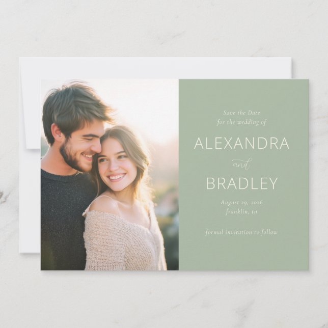Romantic Green Minimalist Photo Save The Date (Front)