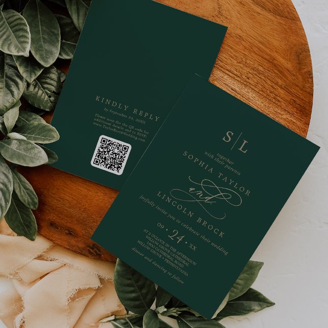 Romantic Green Monogram Front Back QR Code Wedding Invitation (Creator Uploaded)