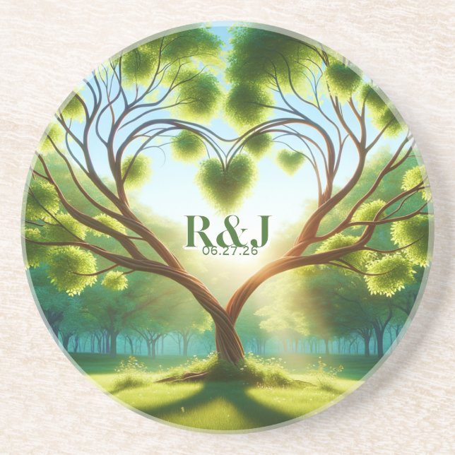 Romantic Green Monogram Wedding Coaster (Front)