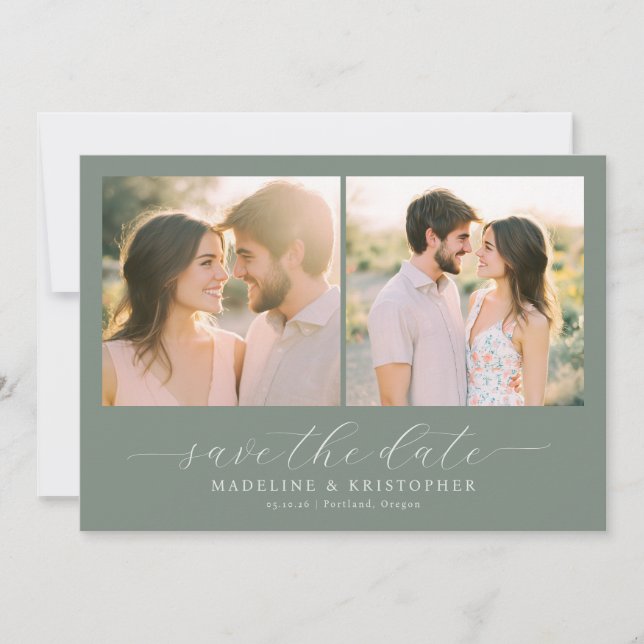 Romantic Green Photo Collage Save The Date (Front)