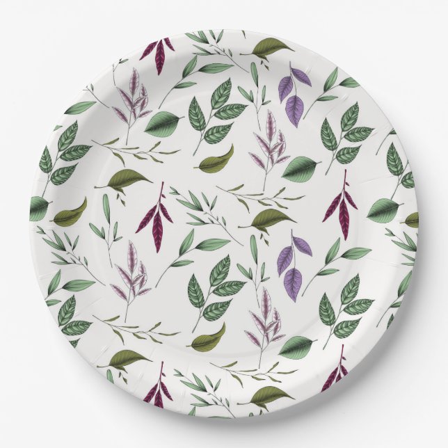 Romantic green purple foliage eucalyptus leaves paper plate (Front)