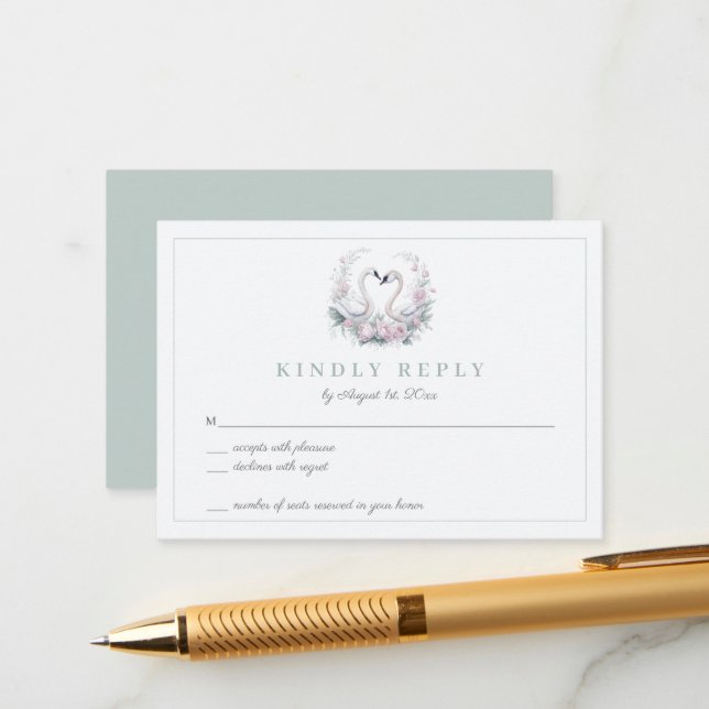 Romantic Green Swan Couple Wedding RSVP Card (Front/Back In Situ)