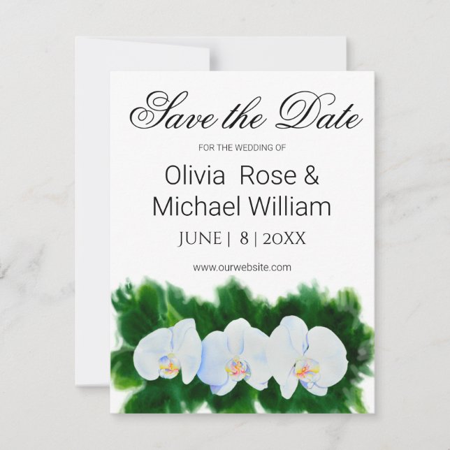 Romantic green white watercolor orchids save the date (Front)