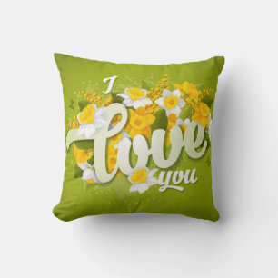 Romantic Green Yellow & White Daffodils Floral Cushion