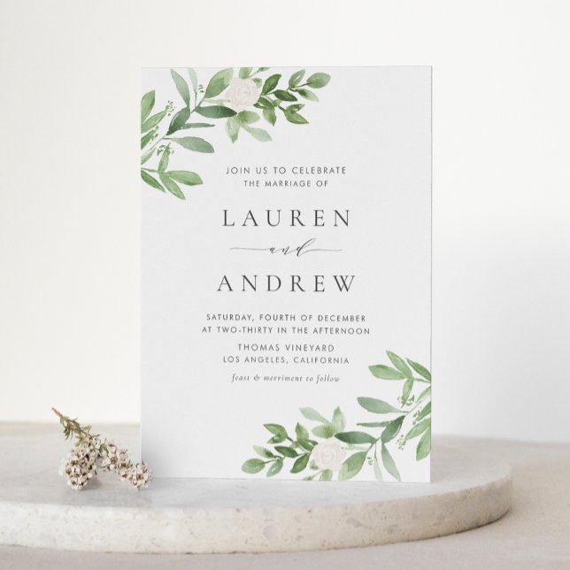 Romantic Greenery and Flowers QR Code Wedding Invitation Postcard (Romantic Greenery and White Flowers QR Code Wedding Invitation Postcard)