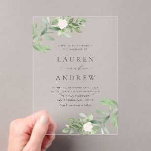 Romantic Greenery and White Flowers Wedding Acrylic Invitations
