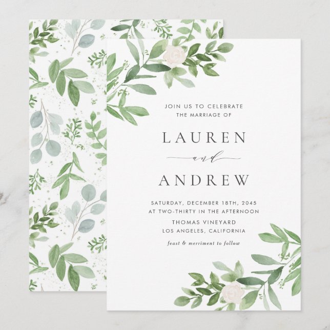 Romantic Greenery and White Flowers Wedding Invitation (Front/Back)