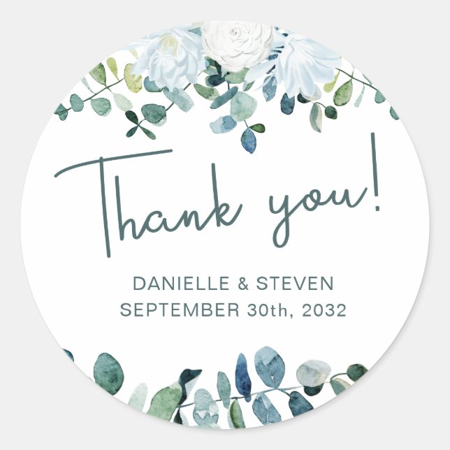 Romantic greenery eucalyptus names & wedding date classic round sticker (Front)