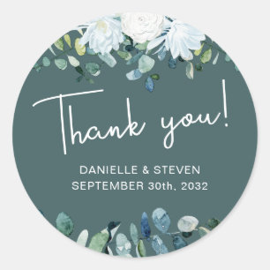 Romantic greenery eucalyptus names & wedding date classic round sticker