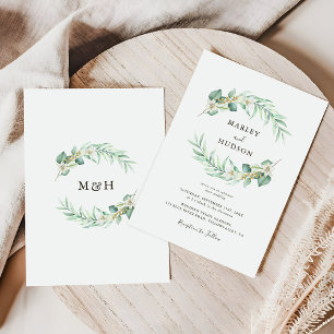 Romantic Greenery Wreath monogram Wedding Invitation