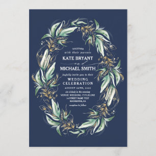 Romantic Greenery Wreath Navy Blue Fall Wedding Invitation
