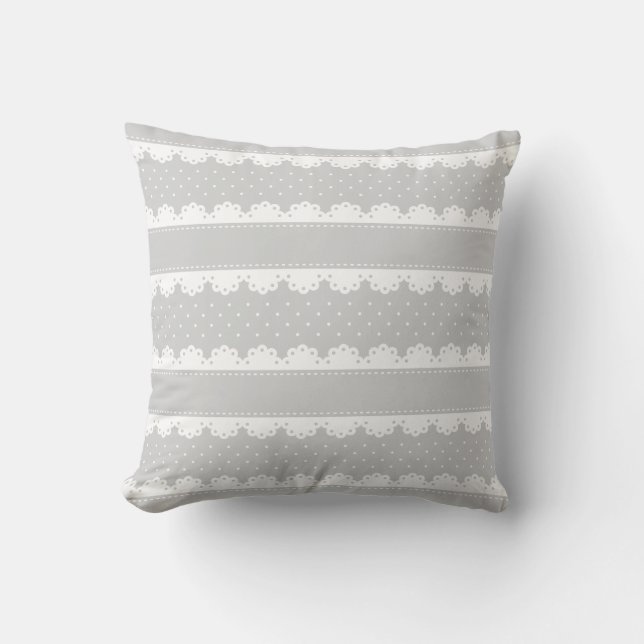 Romantic Grey and White Polka Dot Lace Pattern Cushion (Front)