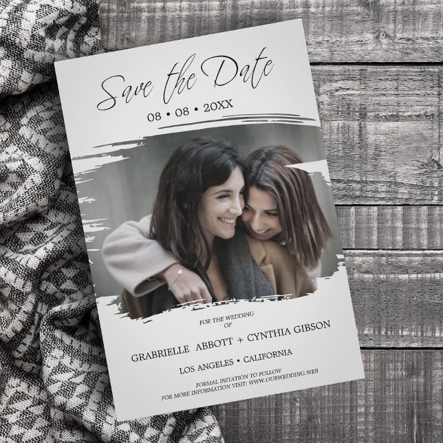 Romantic Grey Brush Photo Lesbian Gay All Wedding Save The Date (Creator Uploaded)