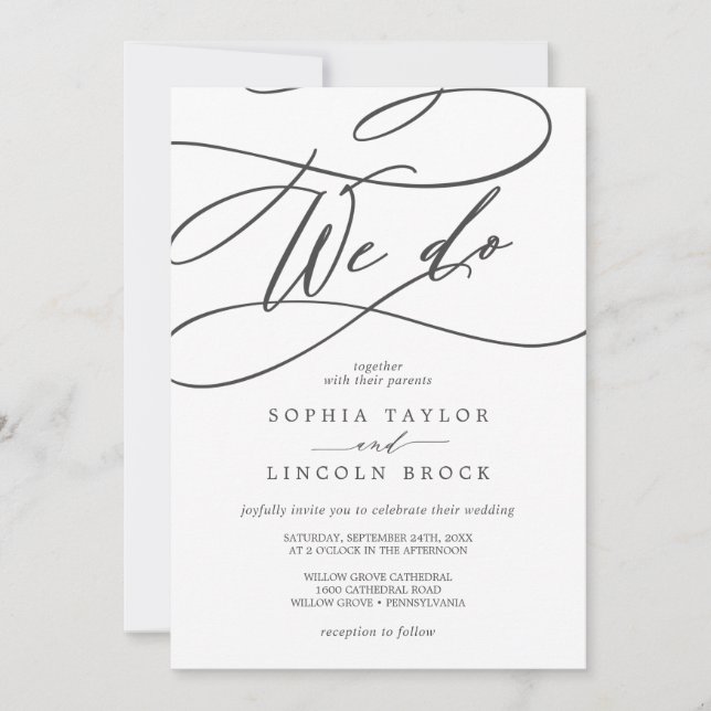 Romantic Grey Calligraphy | Flourish We Do Wedding Invitation (Front)