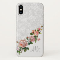 Romantic Grey Floral with Pink Roses and Monogram