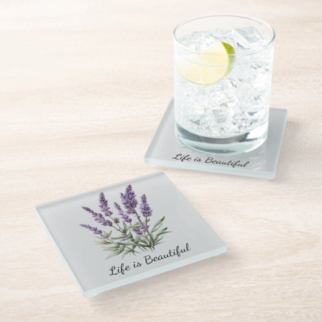 Romantic Grey Purple Lavender Floral Bridal Shower Glass Coaster (Angled)