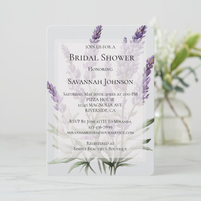 Romantic Grey Purple Lavender Floral Bridal Shower Invitation (Standing Front)