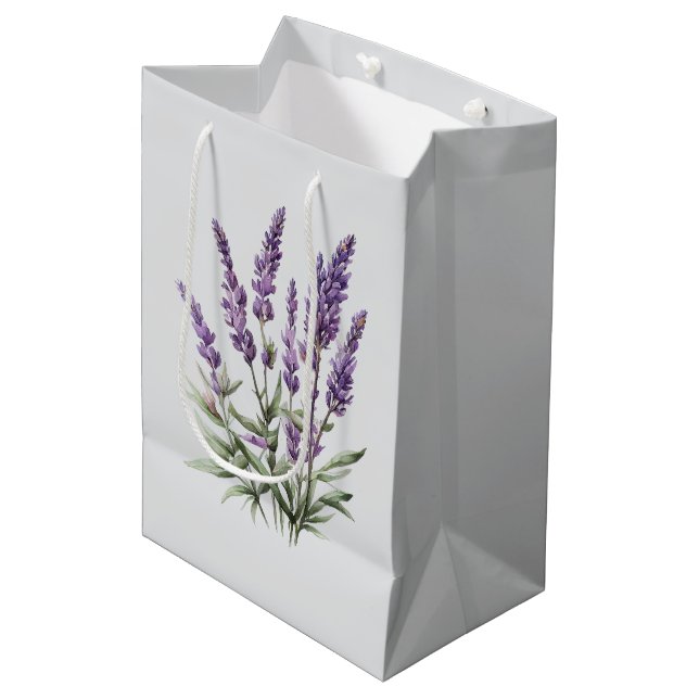 Romantic Grey Purple Lavender Floral Bridal Shower Medium Gift Bag (Front Angled)