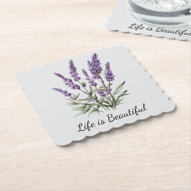 Romantic Grey Purple Lavender Floral Bridal Shower Paper Coaster (Angled)