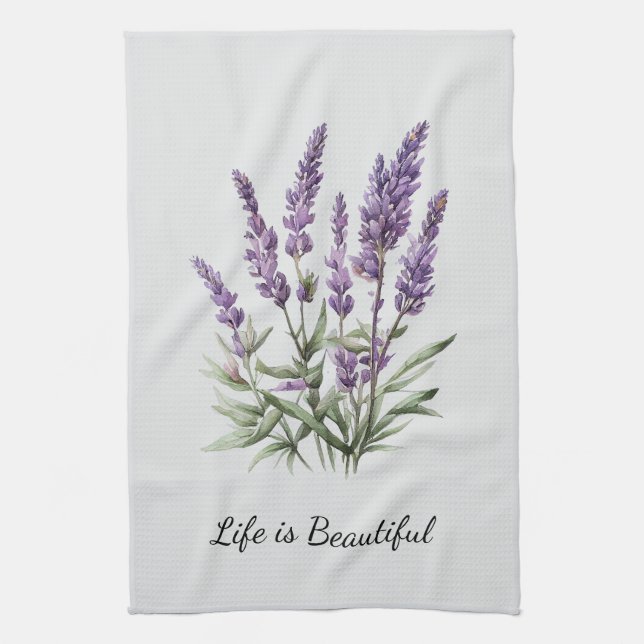 Romantic Grey Purple Lavender Floral Bridal Shower Tea Towel (Vertical)