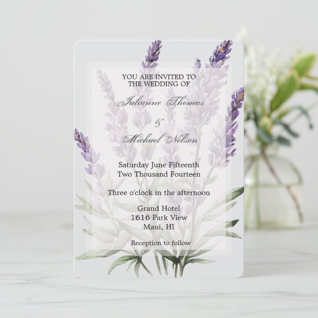 Romantic Grey Purple Lavender Floral Wedding Invitation (Standing Front)