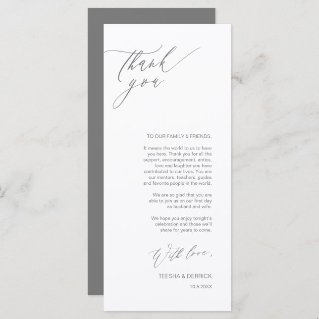 Romantic Grey Script Place Setting Thank You Card (Front/Back)