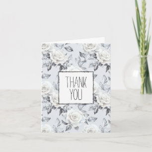 Romantic Grey Silver White Rose Floral Thank You Card
