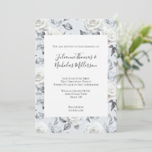 Romantic Grey Silver White Rose Floral Wedding Invitation