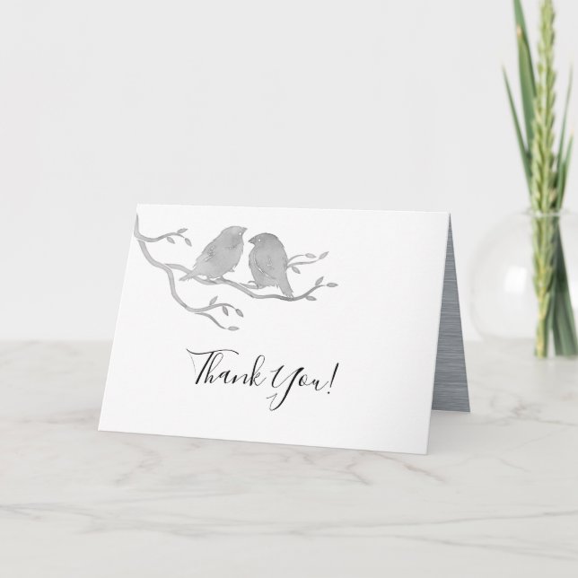 Romantic Grey Watercolor Lovebirds Branch Wedding Thank You Card (Front)