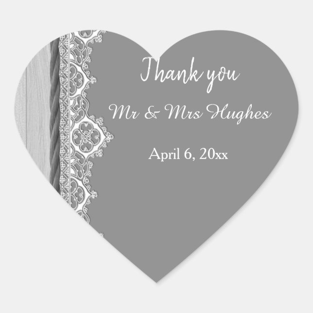 Romantic grey White lace grey wedding thank you Heart Sticker (Front)